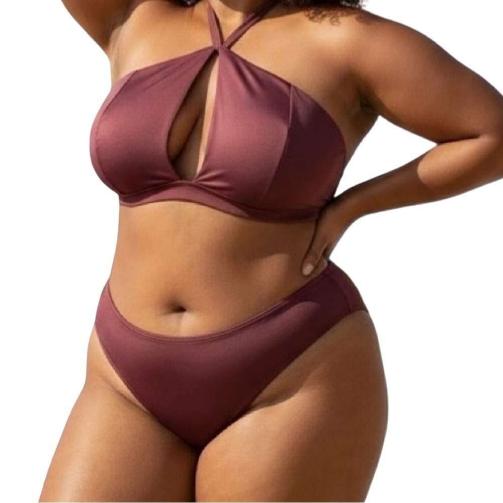 Cacique Plus Size Maroon Halter Bikini Set Keyhole Cheeky 2X NWT